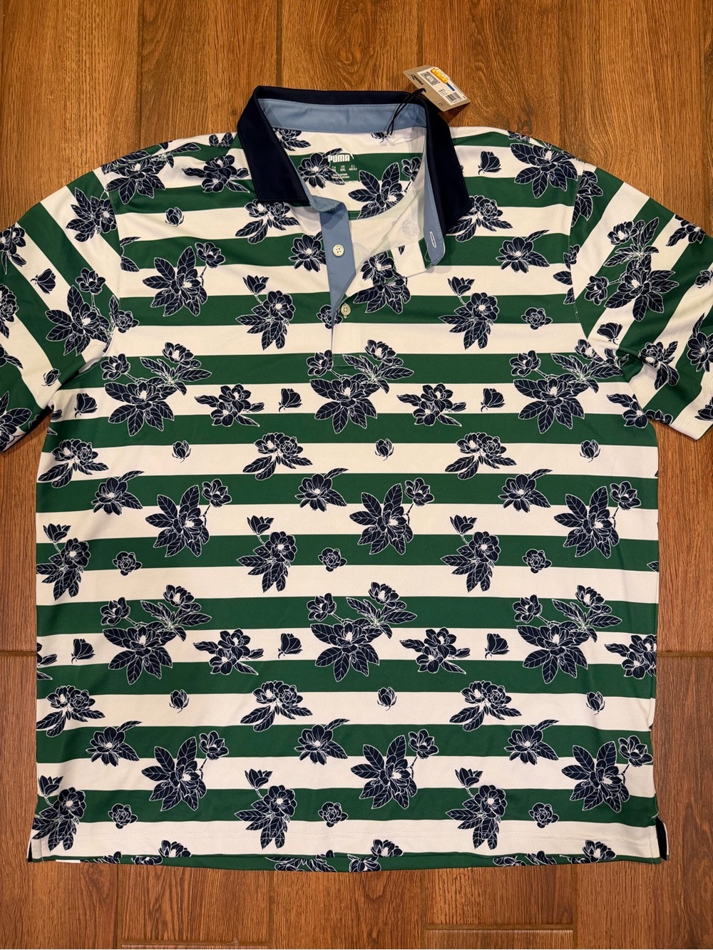 NWT / Puma Green, White & Navy Floral Stripe Polo / men’s xl